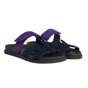 Hermes Chypre Sandal Black Violet Purple Blue H Logo Strap Slide Slip On Flat 37